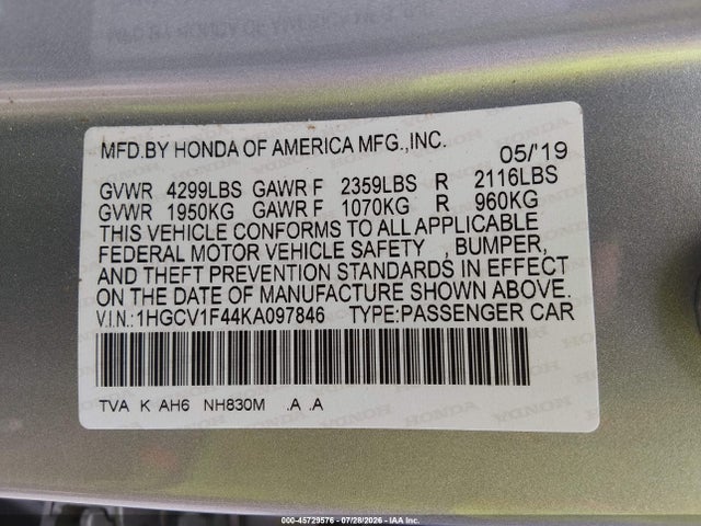 Продаж на аукціоні авто 2019 Honda Accord Ex, vin: 1HGCV1F44KA097846, номер лоту: 45729576