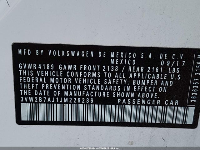 3VW2B7AJ1JM229236 Volkswagen Jetta 1.4t S
