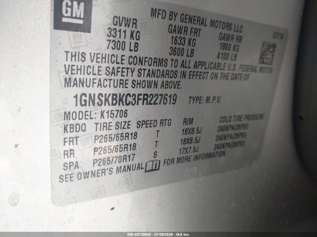 Chevrolet Tahoe Lt 2015 1GNSKBKC3FR227619 Image 9
