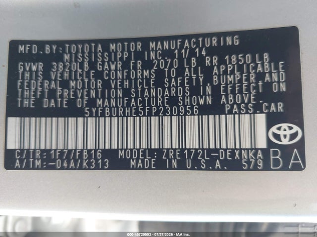 Toyota COROLLA LE 2015 5YFBURHE5FP230956 Image 9