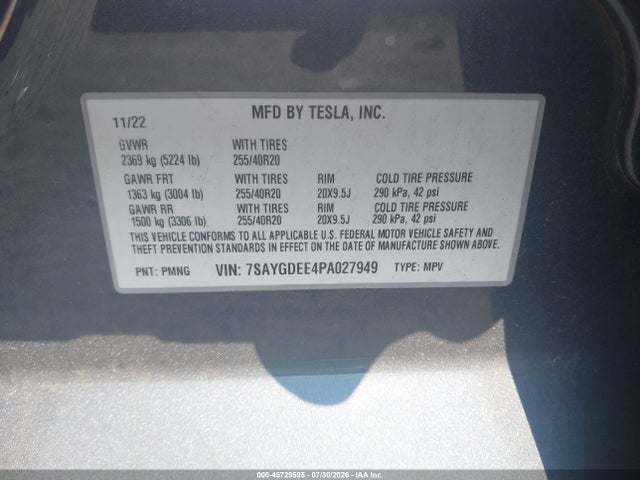 45729595 :رقم المزاد ، 7SAYGDEE4PA027949 vin ، 2023 Tesla Model Y Awd/long Range Dual Motor All-wheel Drive مزاد بيع