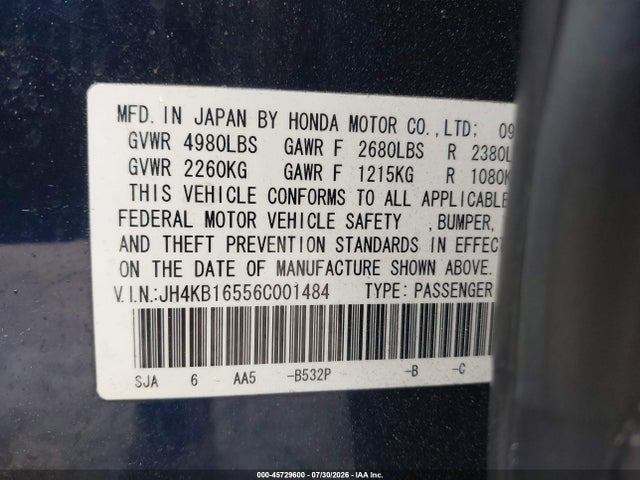 45729600 :رقم المزاد ، JH4KB16556C001484 vin ، 2006 Acura Rl 3.5 مزاد بيع
