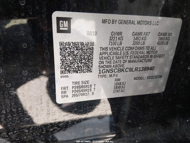 Aukcja sprzedaży 2020 Chevrolet Tahoe 2wd Lt, vin: 1GNSCBKC9LR138940, numer aukcji: 45729602