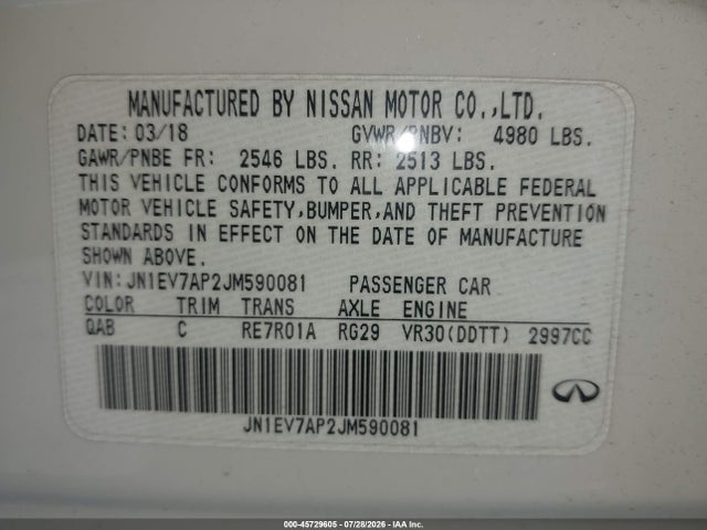 Продажа на аукционе авто 2018 Infiniti Q50 3.0t Luxe, vin: JN1EV7AP2JM590081, номер лота: 45729605