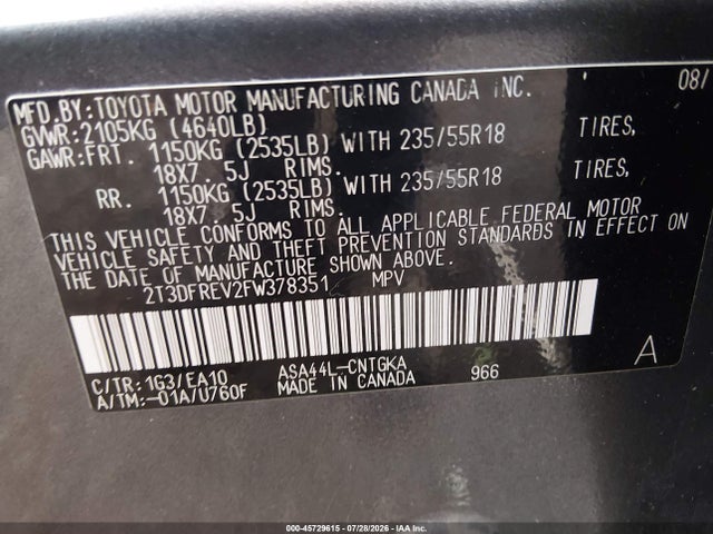 2015 Toyota Rav4 Limited მანქანა იყიდება აუქციონზე, vin: 2T3DFREV2FW378351, აუქციონის ნომერი: 45729615