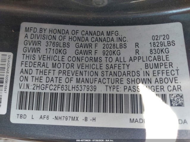 45729628 :رقم المزاد ، 2HGFC2F63LH537939 vin ، 2020 Honda Civic Lx مزاد بيع
