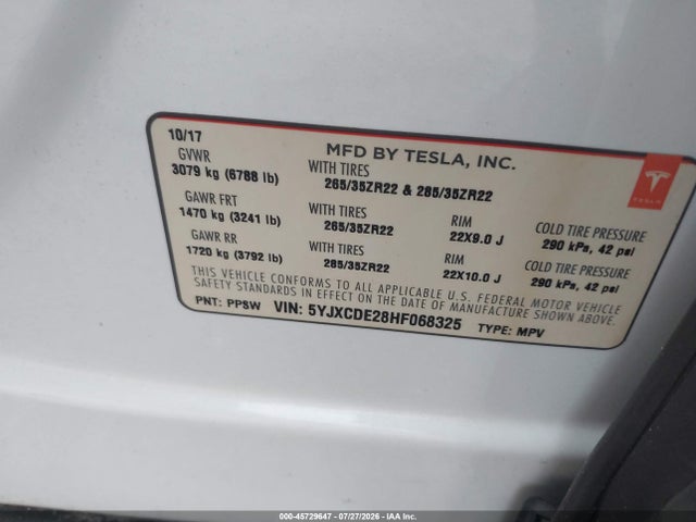 Tesla Model X 100d/75d/90d 2017 5YJXCDE28HF068325 Image 9