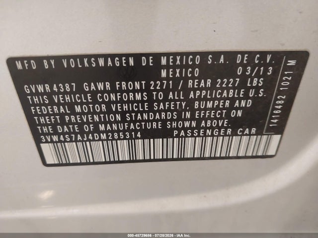 Aukcja sprzedaży 2013 Volkswagen Jetta Gli, vin: 3VW4S7AJ4DM285314, numer aukcji: 45729686