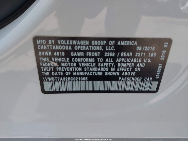 2017 Volkswagen Passat 1.8t Se მანქანა იყიდება აუქციონზე, vin: 1VWBT7A32HC021005, აუქციონის ნომერი: 45729689