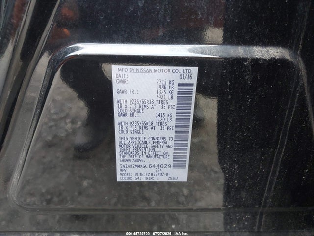 45729700 :رقم المزاد ، 5N1AR2MMXGC644029 vin ، 2016 Nissan Pathfinder Sv مزاد بيع