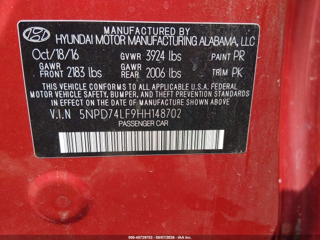45729702 :رقم المزاد ، 5NPD74LF9HH148702 vin ، 2017 Hyundai Elantra Se مزاد بيع