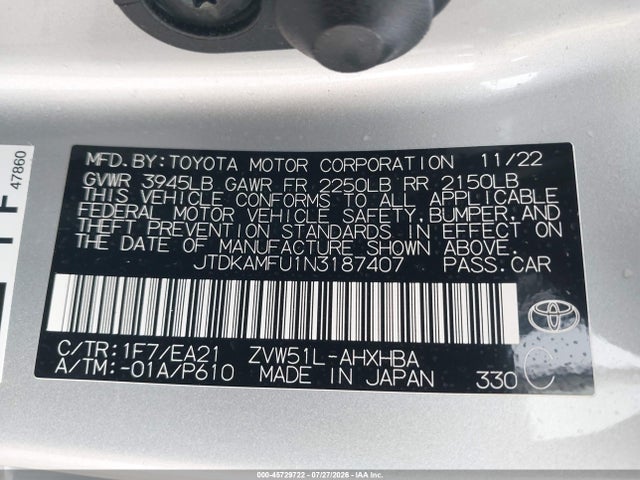 Aukcja sprzedaży 2022 Toyota Prius Limited, vin: JTDKAMFU1N3187407, numer aukcji: 45729722