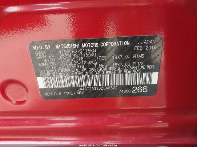 Продаж на аукціоні авто 2018 Mitsubishi Outlander Es, vin: JA4AD2A32JZ048622, номер лоту: 45729726