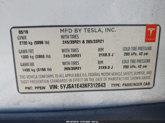 Tesla Model S 100d/long Range/p100d/performance 2019 5YJSA1E43KF312843 Image 9