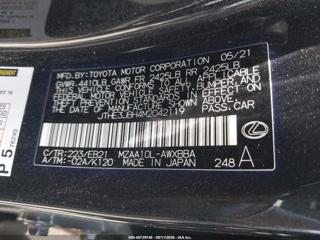 45729748 :رقم المزاد ، JTHE3JBH4M2042119 vin ، 2021 Lexus Ux 200 F Sport مزاد بيع