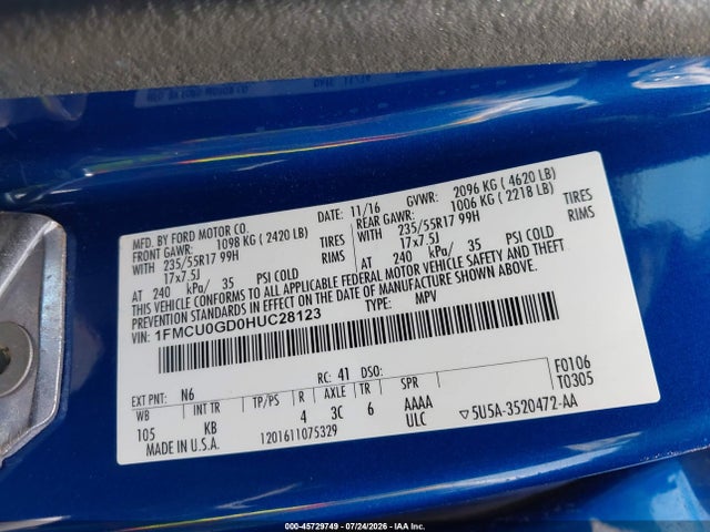 Продаж на аукціоні авто 2017 Ford Escape Se, vin: 1FMCU0GD0HUC28123, номер лоту: 45729749