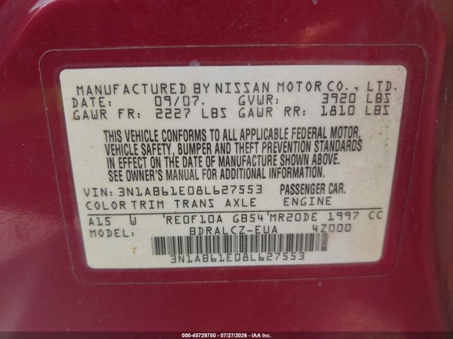 Продаж на аукціоні авто 2008 Nissan Sentra 2.0, vin: 3N1AB61E08L627553, номер лоту: 45729750