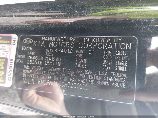 2017 Kia Sportage Ex მანქანა იყიდება აუქციონზე, vin: KNDPNCAC0H7200311, აუქციონის ნომერი: 45729759