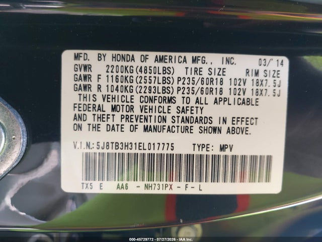 2014 Acura Rdx მანქანა იყიდება აუქციონზე, vin: 5J8TB3H31EL017775, აუქციონის ნომერი: 45729772