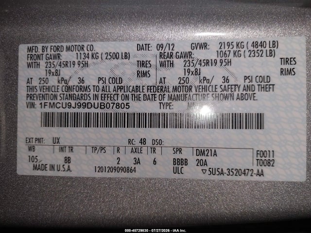 2013 Ford Escape Titanium მანქანა იყიდება აუქციონზე, vin: 1FMCU9J99DUB07805, აუქციონის ნომერი: 45729830