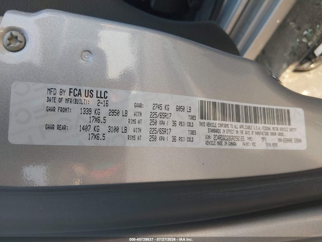 Продаж на аукціоні авто 2016 Dodge Grand Caravan Sxt, vin: 2C4RDGCG9GR256165, номер лоту: 45729837