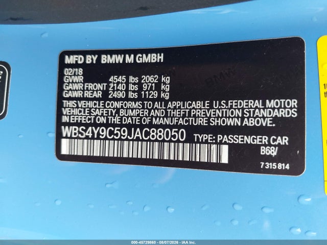 45729860 :رقم المزاد ، WBS4Y9C59JAC88050 vin ، 2018 Bmw M4 مزاد بيع