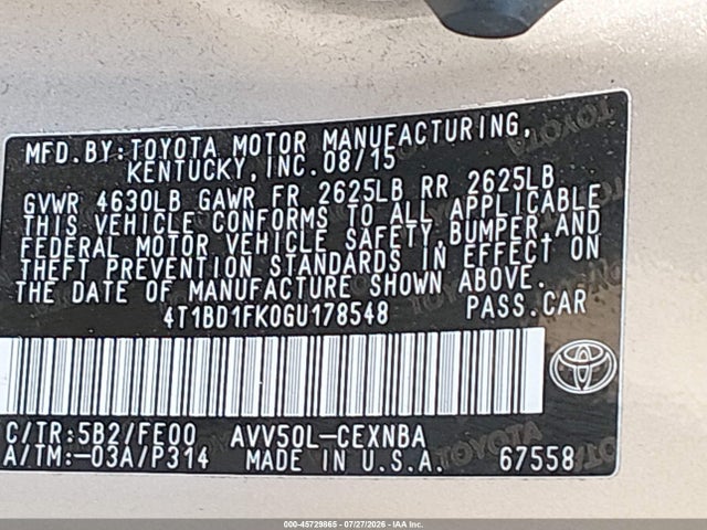 Aukcja sprzedaży 2016 Toyota Camry Hybrid Le, vin: 4T1BD1FK0GU178548, numer aukcji: 45729865