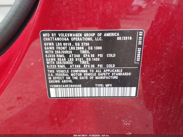 Продаж на аукціоні авто 2019 Volkswagen Atlas 3.6l V6 Sel Premium, vin: 1V2NR2CA3KC594045, номер лоту: 45729870