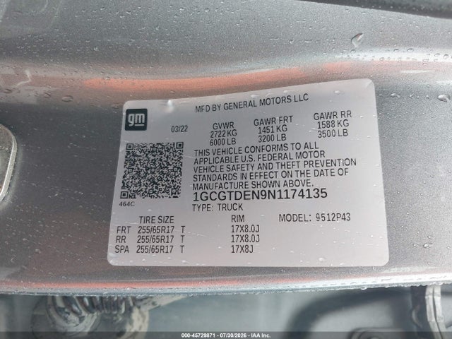 Aukcja sprzedaży 2022 Chevrolet Colorado 4wd  Short Box Z71, vin: 1GCGTDEN9N1174135, numer aukcji: 45729871