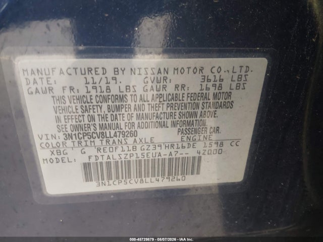 2020 Nissan Kicks Sv Xtronic Cvt მანქანა იყიდება აუქციონზე, vin: 3N1CP5CV8LL479260, აუქციონის ნომერი: 45729879