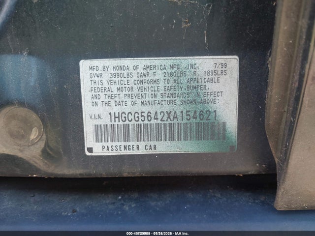 45729905 :رقم المزاد ، 1HGCG5642XA154621 vin ، 1999 Honda Accord Lx مزاد بيع