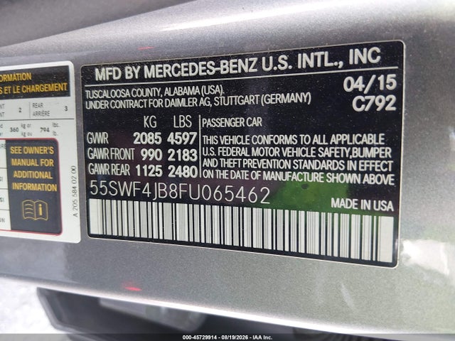 45729914 :رقم المزاد ، 55SWF4JB8FU065462 vin ، 2015 Mercedes-benz C 300 مزاد بيع