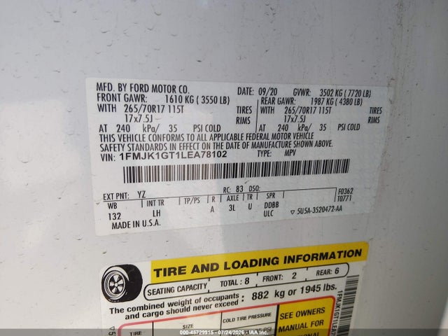 1FMJK1GT1LEA78102 Ford Expedition Xl Max