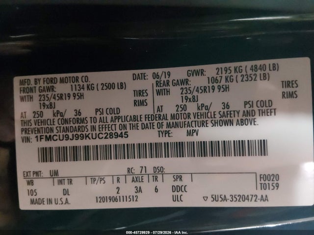45729929 :رقم المزاد ، 1FMCU9J99KUC28945 vin ، 2019 Ford Escape Titanium مزاد بيع