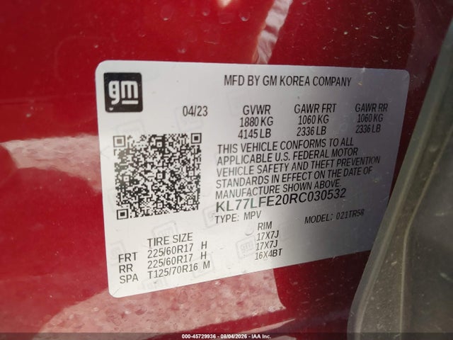 Продажа на аукционе авто 2024 Chevrolet Trax Fwd Sp, vin: KL77LFE20RC030532, номер лота: 45729936