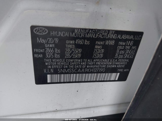 2019 Hyundai Santa Fe Limited 2.0t მანქანა იყიდება აუქციონზე, vin: 5NMS5CAA9KH127190, აუქციონის ნომერი: 45729954