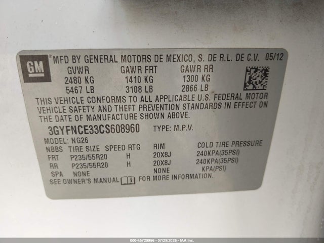 45729956 :رقم المزاد ، 3GYFNCE33CS608960 vin ، 2012 Cadillac Srx Premium Collection مزاد بيع