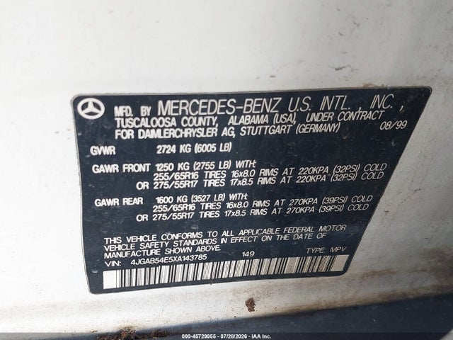 Продаж на аукціоні авто 1999 Mercedes-benz Ml 320, vin: 4JGAB54E5XA143785, номер лоту: 45729955