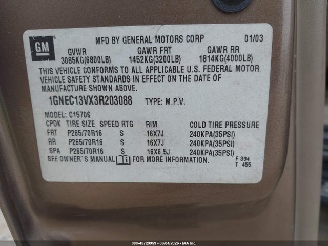 Продаж на аукціоні авто 2003 Chevrolet Tahoe Ls, vin: 1GNEC13VX3R203088, номер лоту: 45729959