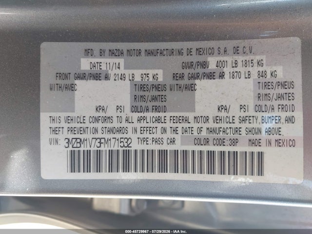 45729967 :رقم المزاد ، 3MZBM1V73FM171532 vin ، 2015 Mazda Mazda3 I Touring مزاد بيع