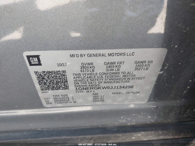 1GNERGKW0JJ134256 Chevrolet Traverse Lt Cloth