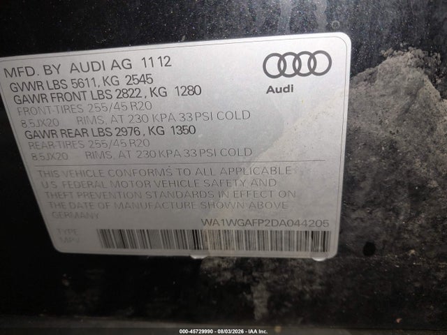 Продаж на аукціоні авто 2013 Audi Q5 3.0t Premium Plus, vin: WA1WGAFP2DA044205, номер лоту: 45729990