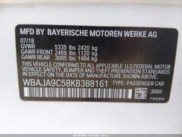 Aukcja sprzedaży 2019 Bmw 530e Iperformance, vin: WBAJA9C58KB388161, numer aukcji: 45729998