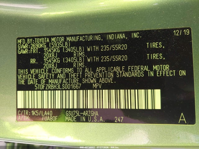 5TDFZRBH3LS001667 Toyota Highlander Platinum