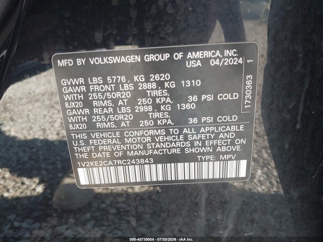 45730004 :رقم المزاد ، 1V2KE2CA7RC243843 vin ، 2024 Volkswagen Atlas Cross Sport 2.0t Se W/technology مزاد بيع