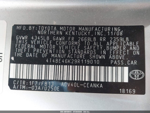 45730013 :رقم المزاد ، 4T4BE46K29R119010 vin ، 2009 Toyota Camry Le مزاد بيع