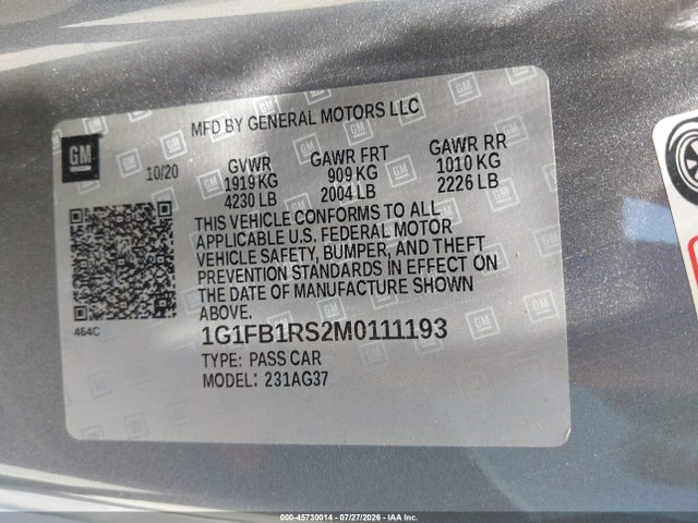 1G1FB1RS2M0111193 Chevrolet Camaro Rwd 1lt
