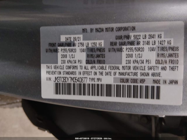 2021 Mazda Cx-9 Grand Touring მანქანა იყიდება აუქციონზე, vin: JM3TCBDY7M0540877, აუქციონის ნომერი: 45730019
