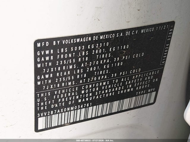 Aukcja sprzedaży 2022 Volkswagen Tiguan 2.0t Se, vin: 3VV2B7AX0NM034761, numer aukcji: 45730033