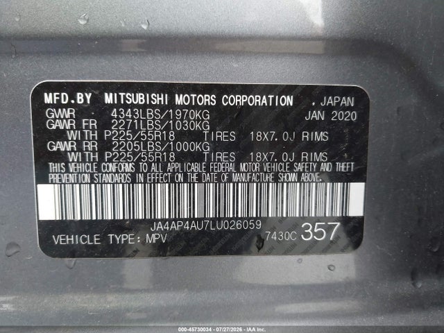 45730034 :رقم المزاد ، JA4AP4AU7LU026059 vin ، 2020 Mitsubishi Outlander Sport 2.0 Se مزاد بيع